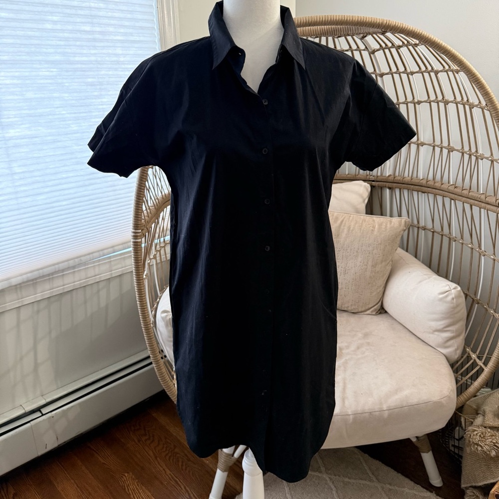 Eileen Fisher Short Sleeve Black Shirt Dress Organic Cotton Minimalist P Petite